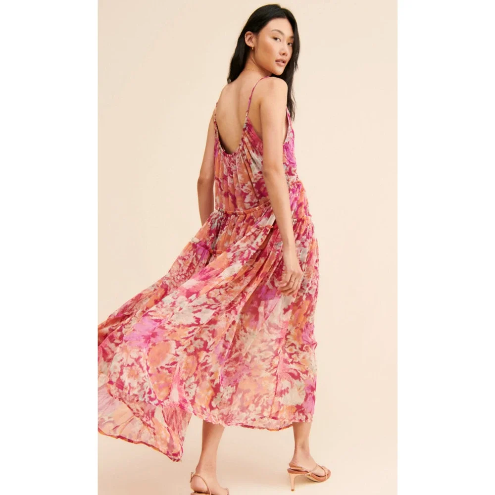 NEW FREE PEOPLE CHERRY RED PINK JULIANNA FLORAL MAXI DRESS SZ M